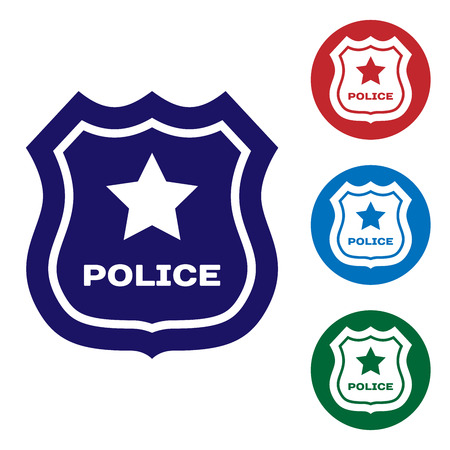 Blue Police badge icon isolated on white background. Sheriff badge sign. Set color icon in circle buttons. Vector Illustrationのイラスト素材