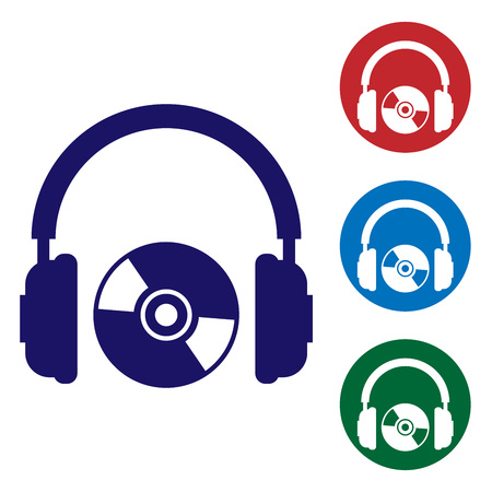 Blue Headphones and CD or DVD icon isolated on white background. Earphone sign. Compact disk symbol. Set color icon in circle buttons. Vector Illustrationのイラスト素材
