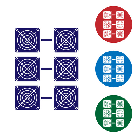 Blue Mining farm icon on white background. Cryptocurrency mining, blockchain technology, bitcoin, digital money market, cryptocoin wallet. Set color icon in circle buttons. Vector Illustrationのイラスト素材