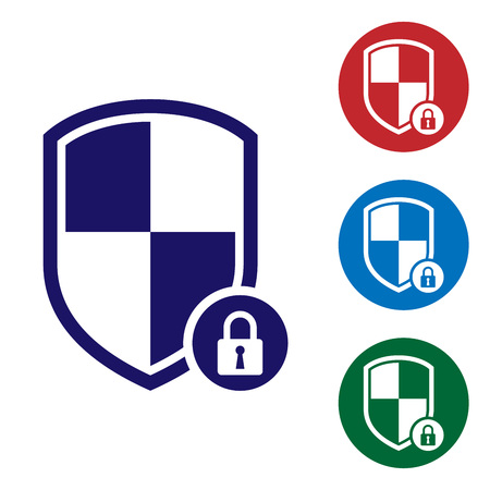 Blue Shield security with lock icon isolated on white background. Protection, safety, password security. Firewall access privacy sign. Set color icon in circle buttons. Vector Illustrationのイラスト素材