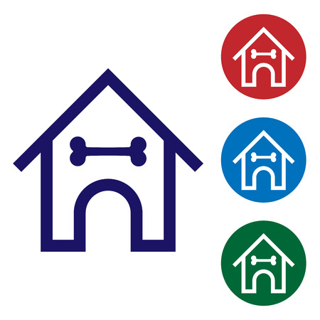 Blue Dog house and bone icon isolated on white background. Dog kennel. Set color icon in circle buttons. Vector Illustrationのイラスト素材