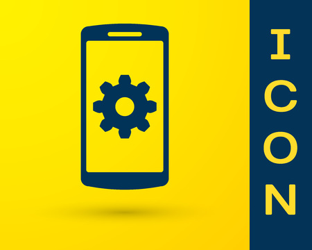 Blue Setting on smartphone screen icon on yellow background. Mobile phone and gear sign. Adjusting app, set options, repair, fixing phone concepts. Vector Illustrationのイラスト素材