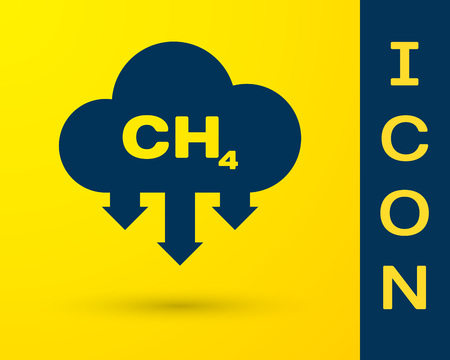 Blue Methane emissions reduction icon isolated on yellow background. CH4 molecule model and chemical formula. Marsh gas. Natural gas. Vector Illustrationのイラスト素材