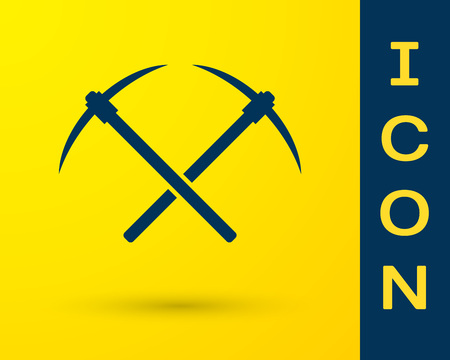 Blue Crossed pickaxe icon isolated on yellow background. Blockchain technology, cryptocurrency mining, bitcoin, altcoins, digital money market. Vector Illustrationのイラスト素材