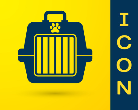 Blue Pet carry case icon isolated on yellow background. Carrier for animals, dog and cat. Container for animals. Animal transport box. Vector Illustrationのイラスト素材