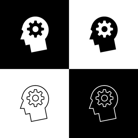Set Human head with gear inside icons isolated on black and white background. Artificial intelligence. Thinking brain sign. Symbol work of brain. Line, outline and linear icon. Vector Illustrationのイラスト素材