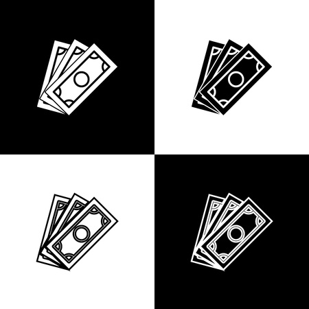 Set Stacks paper money cash icons isolated on black and white background. Money banknotes stacks. Bill currency. Line, outline and linear icon. Vector Illustrationのイラスト素材