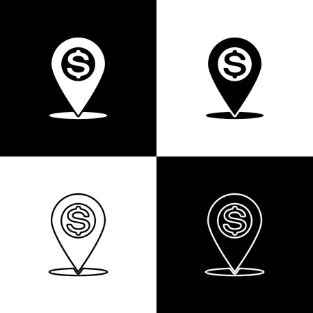 Set Cash location pin icons isolated on black and white background. Pointer and dollar symbol. Money location icon. Business and investment concept. Line, outline and linear icon. Vector Illustrationのイラスト素材