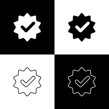 Set Approved or certified medal with ribbons and check mark icons isolated on black and white background. Line, outline and linear icon. Vector Illustrationのイラスト素材