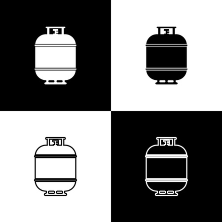 Set Propane gas tank icons isolated on black and white background. Flammable gas tank icon. Line, outline and linear icon. Vector Illustrationのイラスト素材