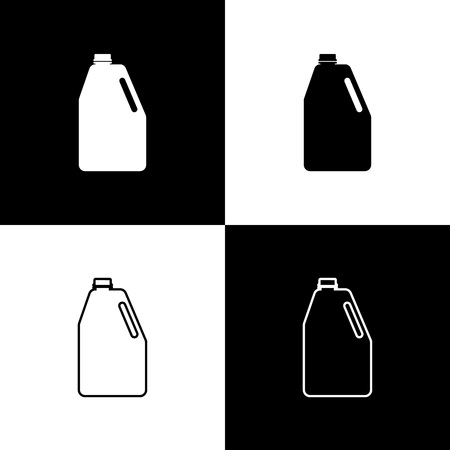 Set Household chemicals blank plastic bottle icons isolated on black and white background. Liquid detergent or soap, stain remover, laundry bleach. Line, outline and linear icon. Vector Illustrationのイラスト素材