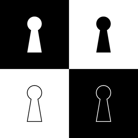 Set Keyhole icons on black and white background. Key of success solution. Keyhole express the concept of riddle, secret, peeping, safety, security. Line, outline and linear icon. Vector Illustrationのイラスト素材