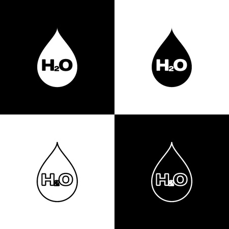 Set Water drop with H2O icons isolated on black and white background. Water formula. Line, outline and linear icon. Vector Illustrationのイラスト素材