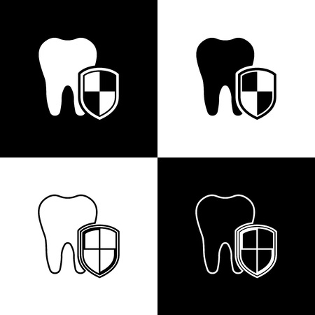 Set Dental protection icons isolated on black and white background. Tooth on shield logo. Line, outline and linear icon. Vector Illustrationのイラスト素材