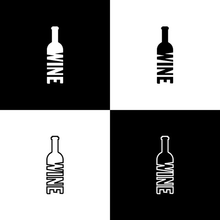 Set Bottle of wine icons isolated on black and white background. Lettering bottle of wine. Line, outline and linear icon. Vector Illustrationのイラスト素材