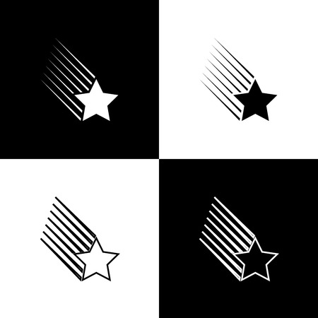 Set Falling star icons isolated on black and white background. Shooting star with star trail. Meteoroid, meteorite, comet, asteroid, star icon. Line, outline and linear icon. Vector Illustrationのイラスト素材