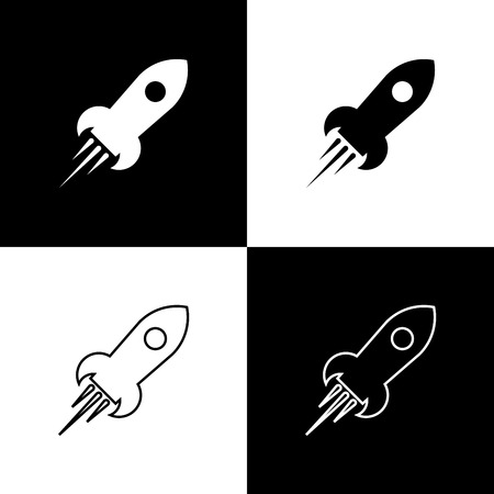 Set Rocket ship with fire icons isolated on black and white background. Space travel. Line, outline and linear icon. Vector Illustrationのイラスト素材