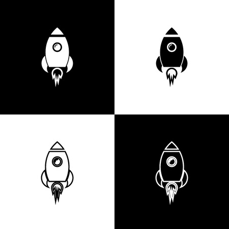 Set Rocket ship with fire icons isolated on black and white background. Space travel. Line, outline and linear icon. Vector Illustrationのイラスト素材