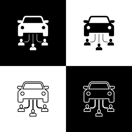 Set Car sharing with group of people icons isolated on black and white background. Carsharing sign. Transport renting service concept. Line, outline and linear icon. Vector Illustrationのイラスト素材