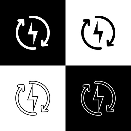 Set Recharging icons isolated on black and white background. Electric energy sign. Line, outline and linear icon. Vector Illustrationのイラスト素材