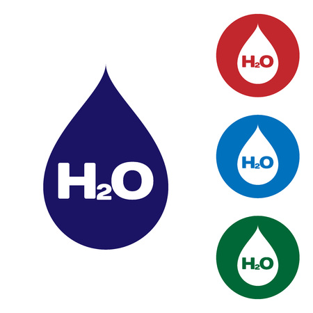 Blue Water drop with H2O icon isolated on white background. Water formula. Set color icon in circle buttons. Vector Illustrationのイラスト素材