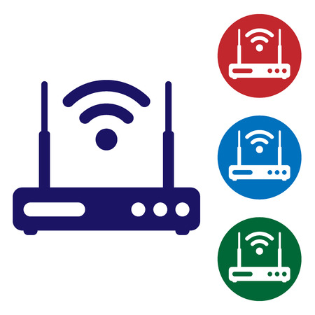 Blue Router and signal symbol icon isolated on white background. Wireless modem router. Computer technology internet. Set color icon in circle buttons. Vector Illustrationのイラスト素材