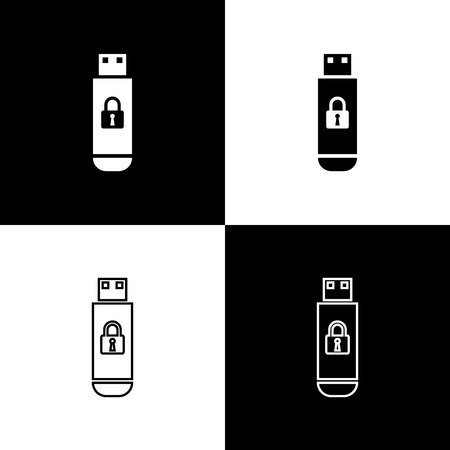 Set USB flash drive with closed padlock icons isolated on black and white background. Security, safety, protection concept. Vector Illustrationのイラスト素材