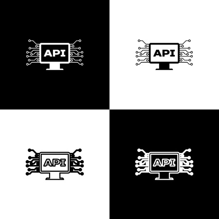 Set Computer api interface icons isolated on black and white background. Application programming interface API technology. Software integration. Vector Illustrationのイラスト素材