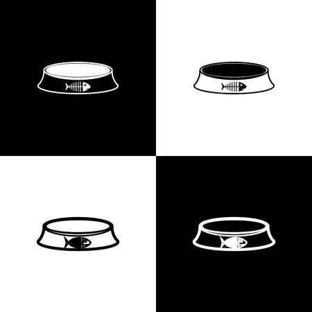 Set Pet food bowl for cat or dog icons isolated on black and white background. Fish skeleton sign. Vector Illustrationのイラスト素材
