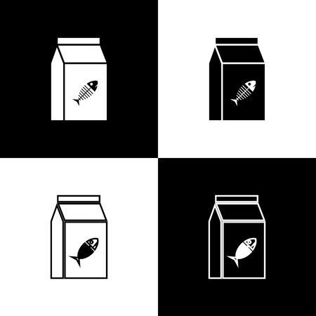 Set Bag of food for cat icons isolated on black and white background. Fish skeleton sign. Food for animals. Pet food package. Vector Illustrationのイラスト素材
