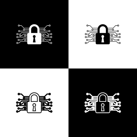 Set Cyber security icons isolated on black and white background. Closed padlock on digital circuit board. Safety concept. Digital data protection. Vector Illustrationのイラスト素材