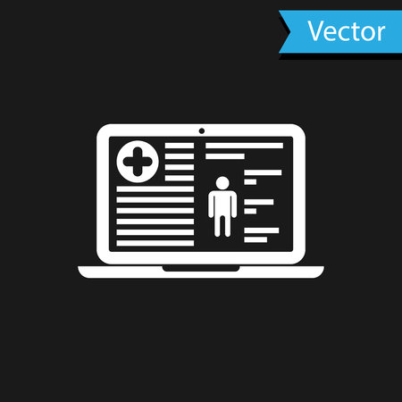 White Medical clinical record on screen of laptop icon isolated on black background. Health insurance form. Document clinical record, prescription, medical check marks report. Vector Illustrationのイラスト素材