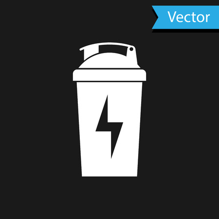 White Fitness shaker icon isolated on black background. Sports shaker bottle with lid for water and protein cocktails. Vector Illustrationのイラスト素材