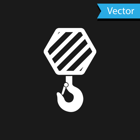White Industrial hook icon isolated on black background. Crane hook icon. Vector Illustrationのイラスト素材