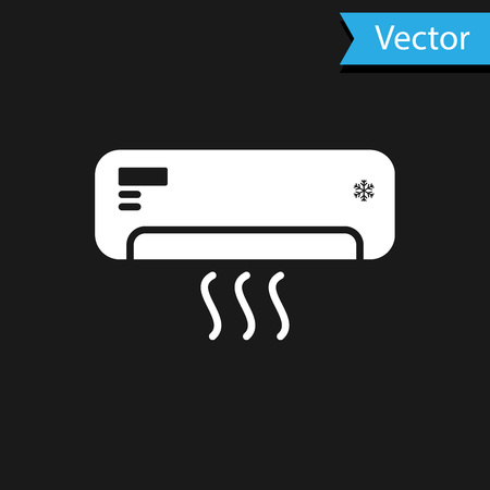 White Air conditioner with fresh air icon isolated on black background. Split system air conditioning sign. Cool and cold climate control system. Vector Illustrationのイラスト素材