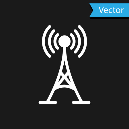 White Antenna icon isolated on black background. Radio antenna wireless. Technology and network signal radio antenna. Vector Illustrationのイラスト素材