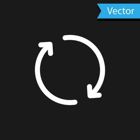 White Refresh icon isolated on black background. Reload symbol. Rotation arrows in a circle sign. Vector Illustrationのイラスト素材