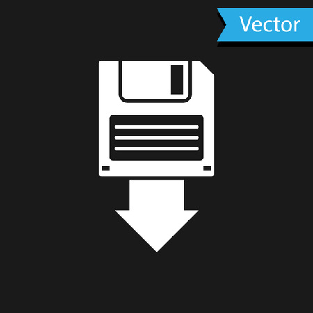 White Floppy disk backup icon isolated on black background. Diskette sign. Vector Illustrationのイラスト素材