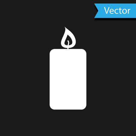 White Burning candle icon isolated on black background. Old fashioned lit candle. Cylindrical aromatic candle stick with burning flame. Vector Illustrationのイラスト素材