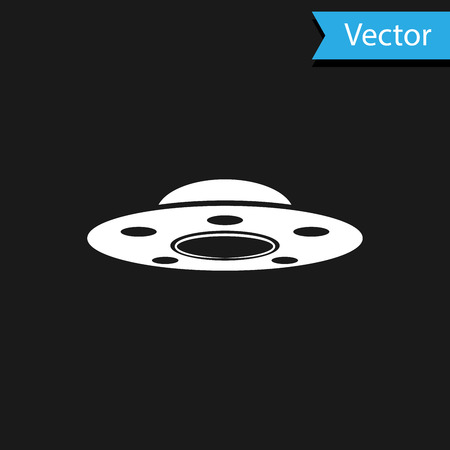 White UFO flying spaceship icon isolated on black background. Flying saucer. Alien space ship. Futuristic unknown flying object. Vector Illustrationのイラスト素材