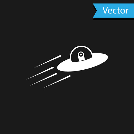 White UFO flying spaceship and alien icon isolated on black background. Flying saucer. Alien space ship. Futuristic unknown flying object. Vector Illustrationのイラスト素材