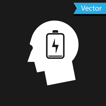 White Male head with low battery icon isolated on black background. Tired man. Vector Illustrationのイラスト素材
