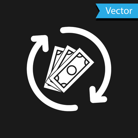 White Refund money icon isolated on black background. Financial services, cash back concept, money refund, return on investment, savings account. Vector Illustrationのイラスト素材