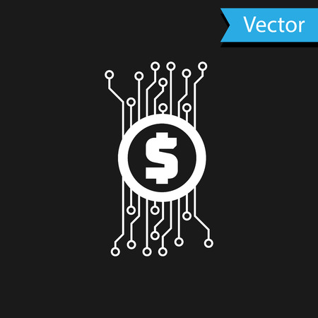 White Cryptocurrency concept bitcoin in circle with microchip circuit icon isolated on black background. Blockchain technology, digital money market. Vector Illustrationのイラスト素材