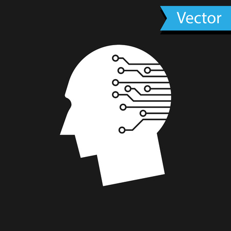 White Human brain as digital circuit board icon isolated on black background. Artificial Intelligence. Human head outline with circuit lines inside. Vector Illustrationのイラスト素材