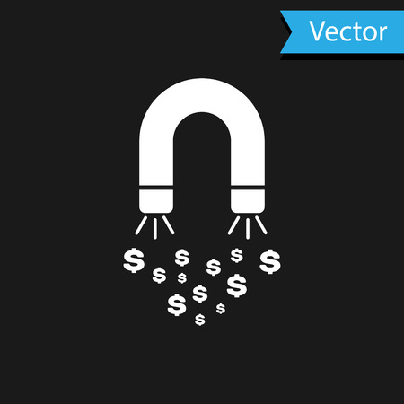White Magnet with money icon isolated on black background. Concept of attracting investments, money. Big business profit attraction and success. Vector Illustrationのイラスト素材