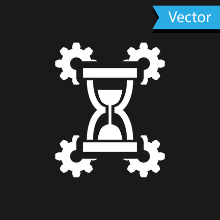 White Hourglass and gear icon isolated on black background. Time Management symbol. Clock and gear icon. Productivity symbol. Vector Illustrationのイラスト素材
