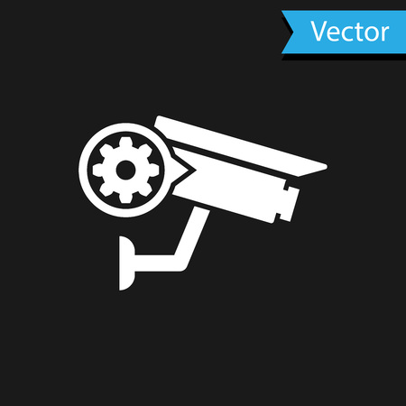 White Security camera and gear icon isolated on black background. Adjusting app, service concept, setting options, maintenance, repair, fixing. Vector Illustrationのイラスト素材