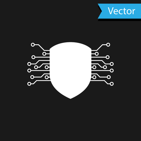 White Cyber security icon isolated on black background. Shield sign. Safety concept. Digital data protection. Vector Illustrationのイラスト素材