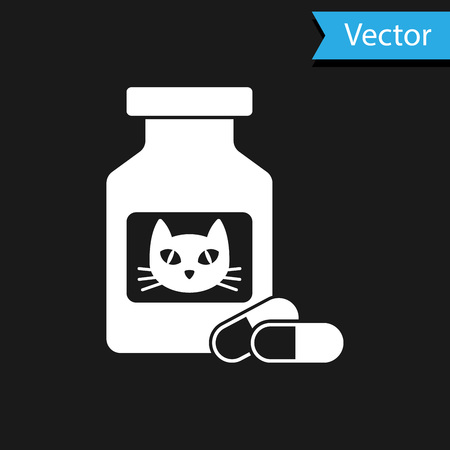 White Cat medicine bottle and pills icon isolated on black background. Container with pills. Prescription medicine for animal. Vector Illustrationのイラスト素材